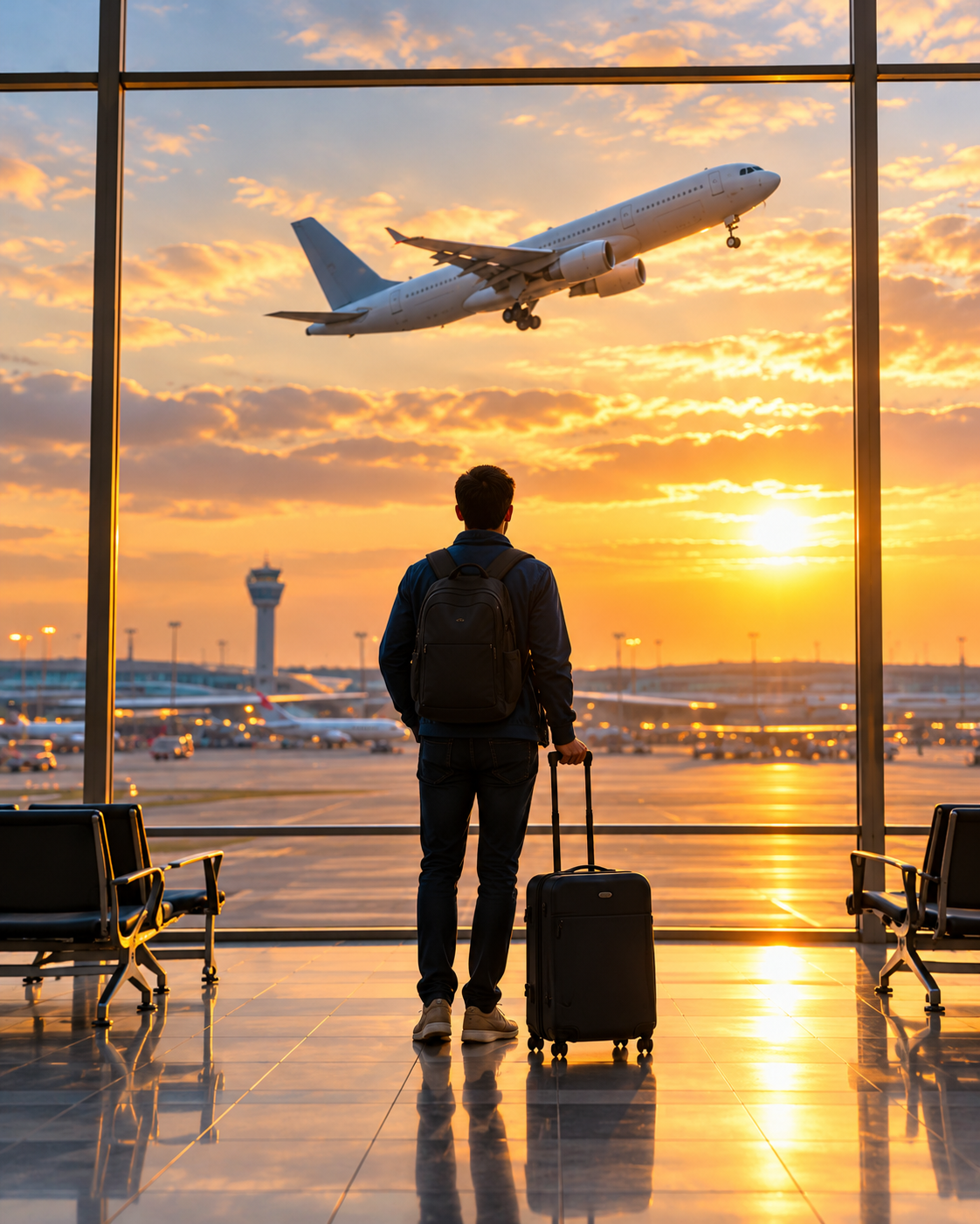 Traveler at airport window